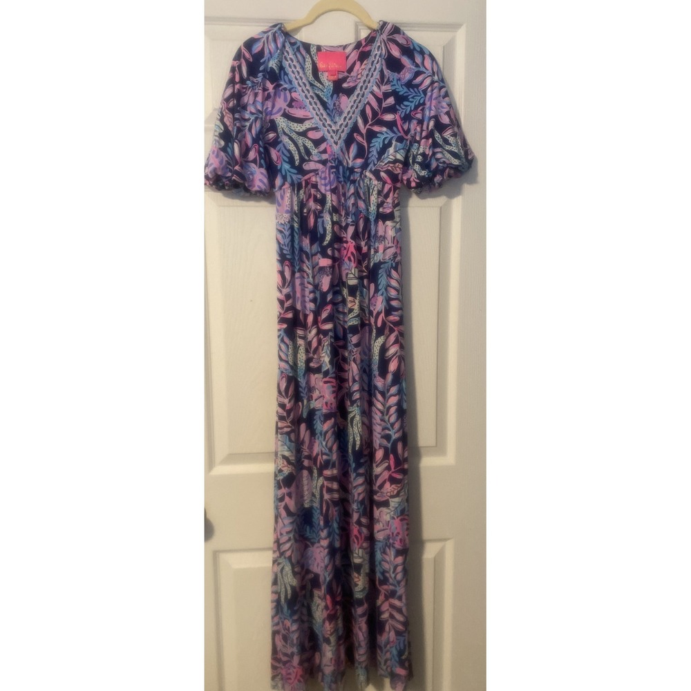 Lilly Pulitzer Manuela Maxi Dress Oyster Bay Navy You've Been Spotted Size XXS